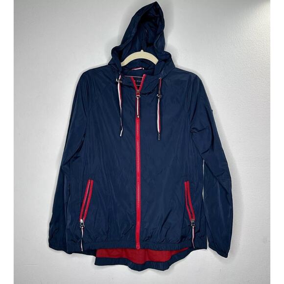 Tommy Hilfinger Navy Blue Red Trim Hooded Long Sleeve Zip Windbreaker Jacket S - Picture 1 of 12